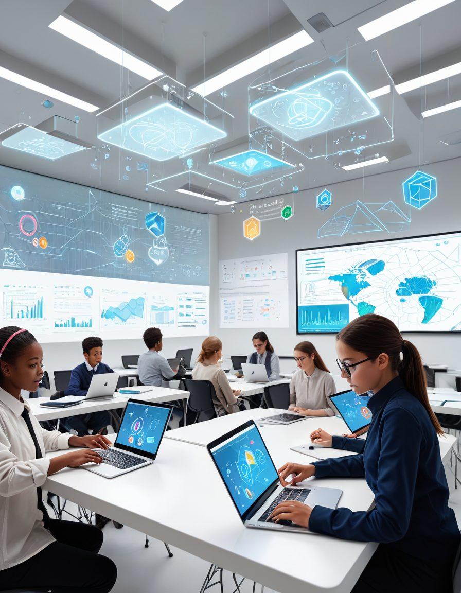 A futuristic classroom setting with diverse students engaged with laptops and tablets, surrounded by digital holograms showcasing various e-learning platforms and resources. The scene exudes a sense of innovation, with bright colors and a visually dynamic atmosphere. Include elements like graphs and charts floating in the air to signify digital education. super-realistic. vibrant colors. white background.