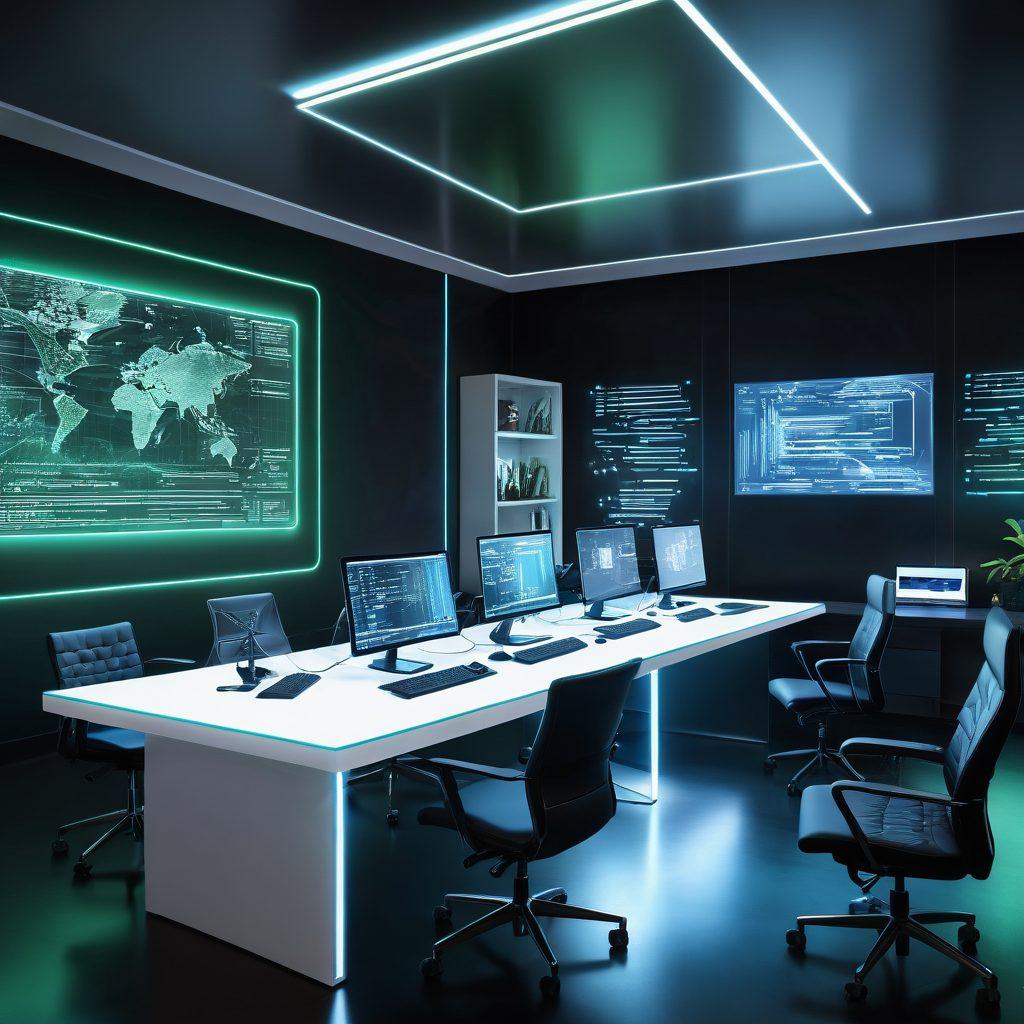 A futuristic workspace showcasing a sleek computer with code on the screen, holographic tech gadgets floating around, and a diverse group of developers collaborating. The atmosphere is dynamic and innovative, with glowing lines representing connectivity and digital advancement. The environment is illuminated with soft blue and green light, symbolizing technology's cutting-edge nature. super-realistic. vibrant colors. 3D.